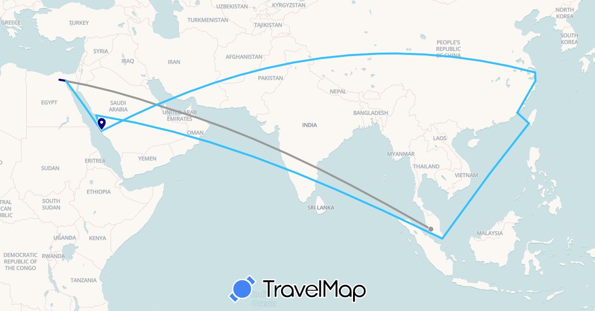 TravelMap itinerary: driving, plane, boat in China, Egypt, Malaysia, Qatar, Saudi Arabia, Singapore, Taiwan (Africa, Asia)